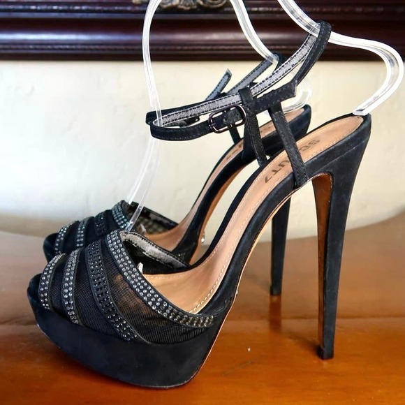 Schutz Sandals Black Flared Heels Ankle Embellished Size 8 - Picture 3 of 9